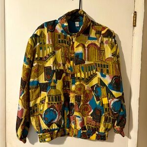 Vintage 90’s CoAco Multicolor Graphic 100% Silk Jacket. Size women’s large.